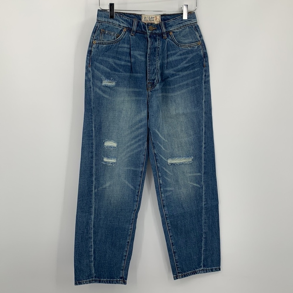 Sandrine Rose wide leg high rise pleated denim jeans distressed blue new 26